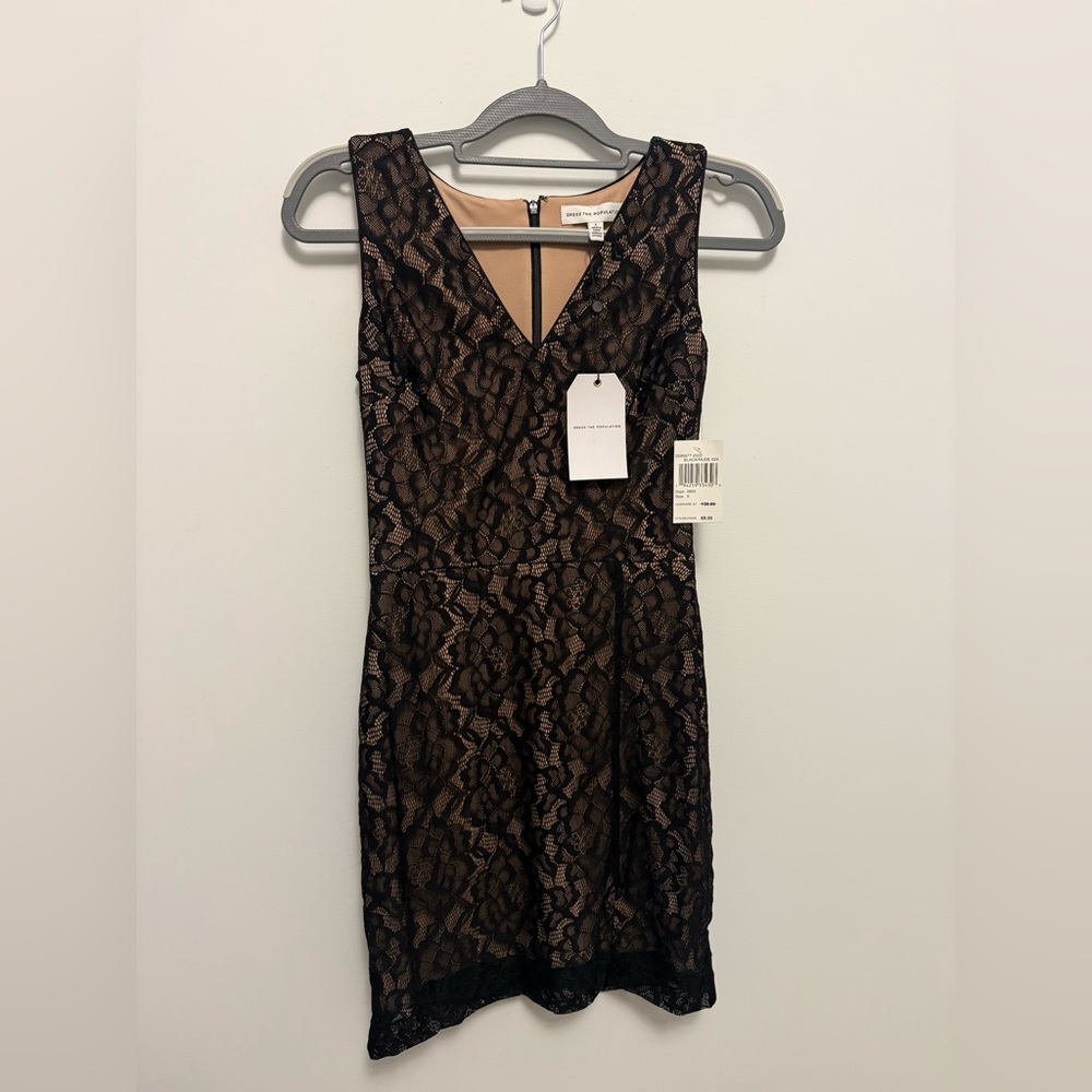 Dress the Population Black Lace Midi Dress with Nude Underlay Size S NWT